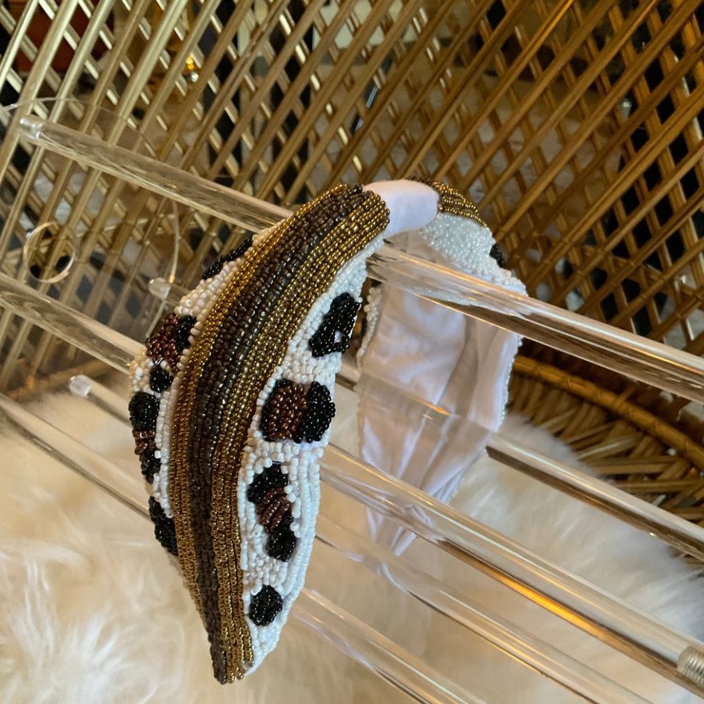 Seed Beaded Cotton Base Leopard Animal Print Adjustable Top Knot Boho Headband